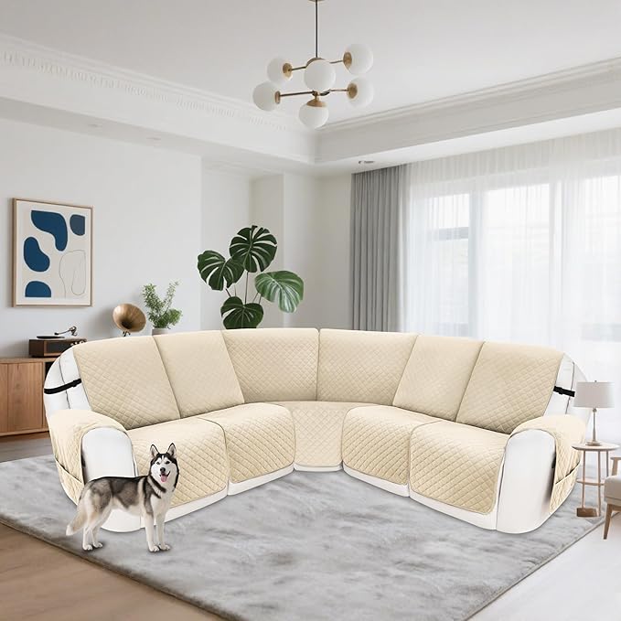 Reclining Sectional Couch Covers 100% Waterproof Velvet L Shape Recliner Couch Covers for Dogs Pets Washable Anti Slip Recliner Slipcovers with Pockets (5 Seat Sofa, Beige)