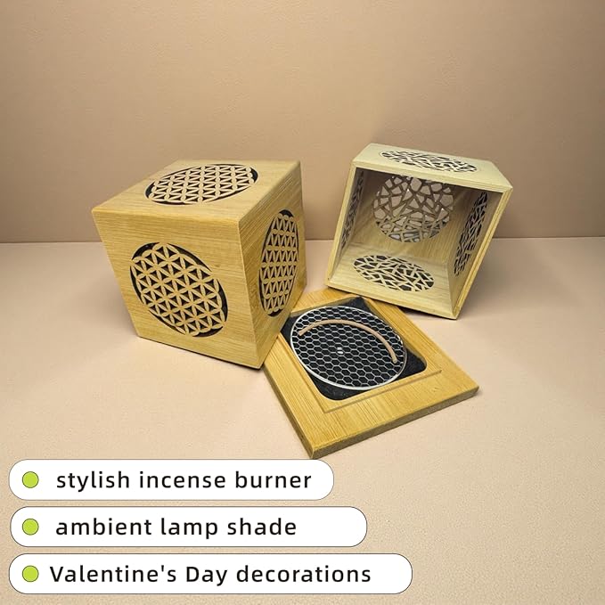3-in-1 Bamboo Hollow-Out Square Incense Burner & Holder, Type-C Charging Ambient Night Light & Decor - Stylish Stick Incense Holder for Sage, Cones & Sticks, Zen Gift (Floral Pattern)