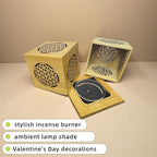 3-in-1 Bamboo Hollow-Out Square Incense Burner & Holder, Type-C Charging Ambient Night Light & Decor - Stylish Stick Incense Holder for Sage, Cones & Sticks, Zen Gift (Floral Pattern)