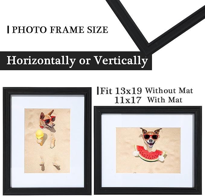 13x19 Picture Frame Black Wooden, Real Glass Display 11 x 17 Pictures with Mat or 13 x 19 Without Mat, 19 by 13 Poster Frames,Gallery Frame for Wall Mounting Display Home Décor Gifts