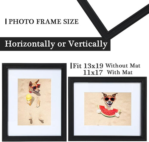 13x19 Picture Frame Black Wooden, Real Glass Display 11 x 17 Pictures with Mat or 13 x 19 Without Mat, 19 by 13 Poster Frames,Gallery Frame for Wall Mounting Display Home Décor Gifts
