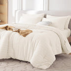 MUXHOMO 5 Pieces Twin Comforter Set, Seersucker Bed in a Bag Twin Size, All Season Luxury Bedding Set with Comforter, Flat Sheet, Fitted Sheet, Pillowcase & Sham, Ivory