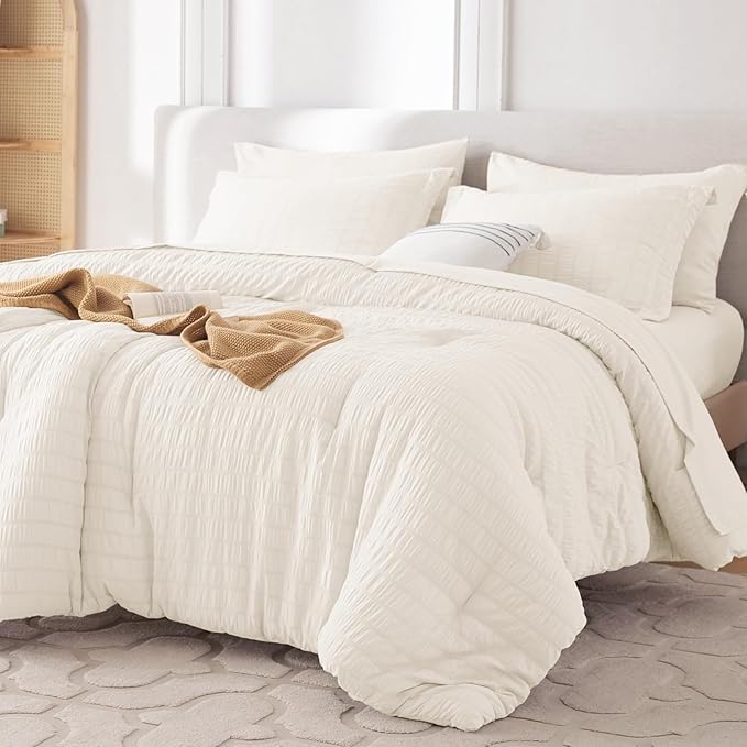 MUXHOMO 7 Pieces Queen Comforter Set, Seersucker Bed in a Bag Queen Size, All Season Luxury Bedding Set with Comforter, Flat Sheet, Fitted Sheet, Pillowcases & Shams, Ivory