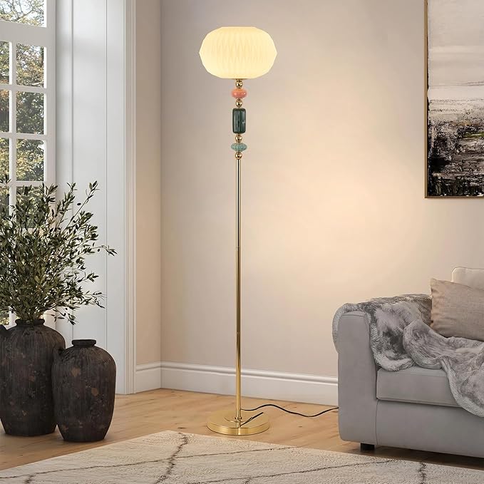 Floor Standing Tall Lamp Milk Glass Floor Lamp with Plug Switch Button for Living Room Bedroom Home Office