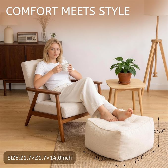 Square Corduroy Pouf Ottoman, Soft Fluffy Foot Stool with Foam Chunk Filling, Floor Pouf & Storage Ottoman for Living Room, 21" x 21" x 14", Off-White