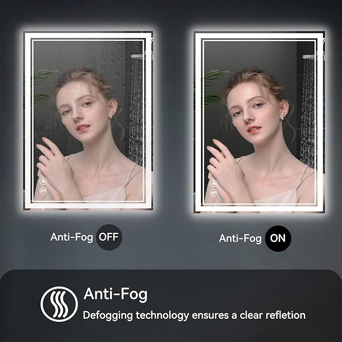 24 x 32” LED Mirror for Bathroom with Lights Anti-Fogging Dimmable 3 Colors LED Bathroom Mirror with Lights Memory Function Smart Mirror Touch Sensor Square Wall Mounted