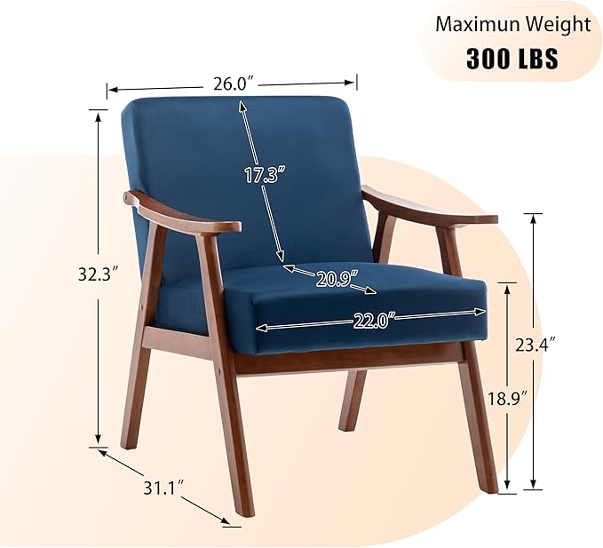 KEIKI Mid-Century Modern Accent Chair with Solid Wood Frame, Upholstered Lounge Chair with Extra-Thick Backrest for Living Room Bedroom Reading Nook