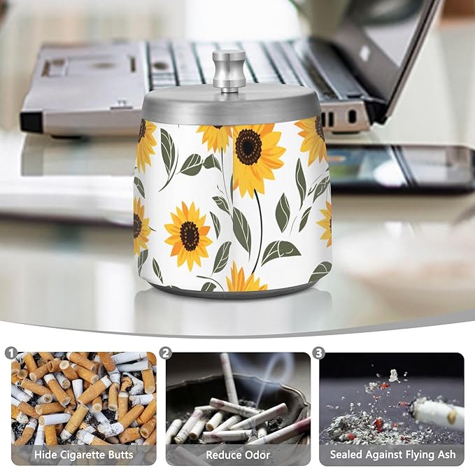 Cute Sunflowers White Print Ashtray with Lid, Outdoor Ashtrays for Patio, Stainless Steel Ashtray Odorless Smokeless for Home Office Balcony