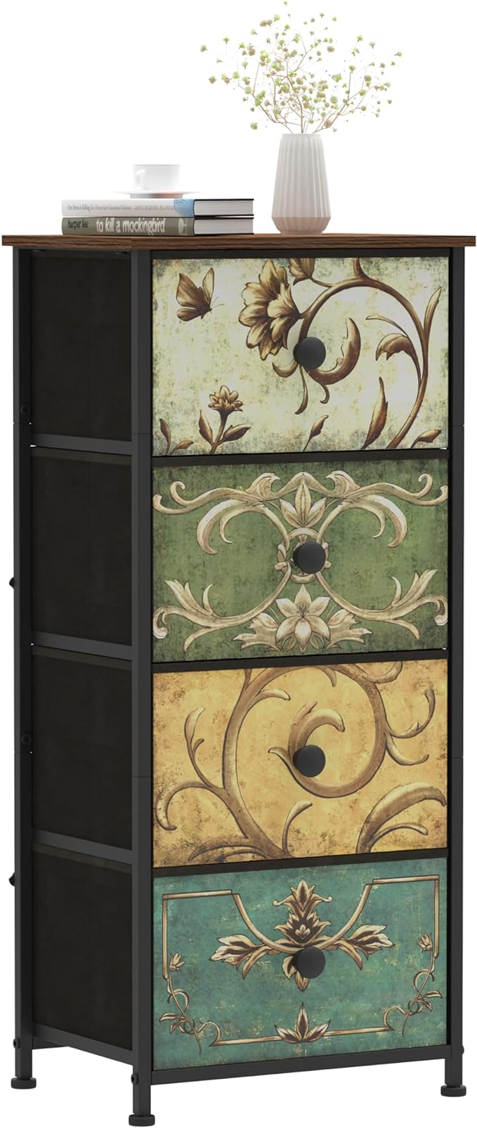 Tohomeor Small Dresser for Bedroom with Retro Flower Narrow Drawers Slim Chest of Drawers Skinny Nightstand Sofa End Table for Living Room Entryway Closet Storage (Multi, 4 Drawers)