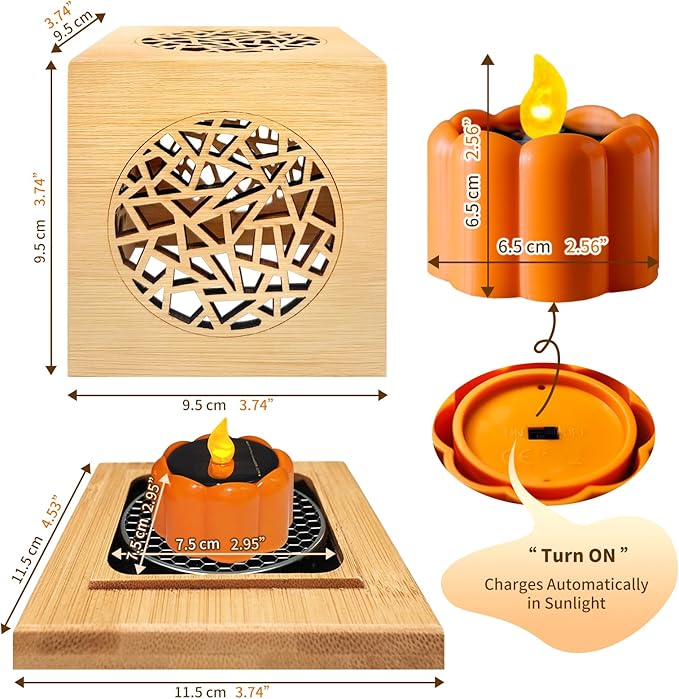 Bamboo Incense Burner & Sage Holder, Multi-Use Incense Holder with Solar & Flameless Candles, Solar LED Ambient/Mood Light, Solar Candle Lights, LED Night Light Bedside Lamp, 8-12H Charging