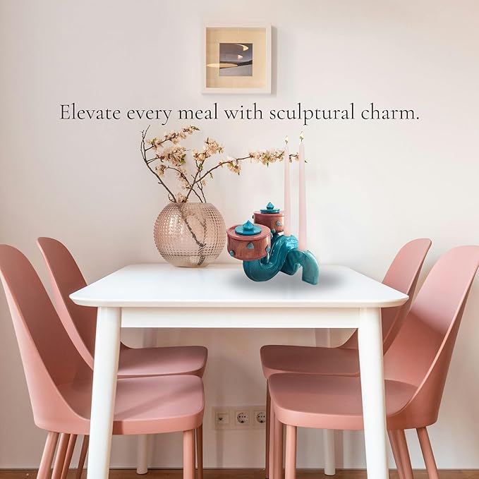 Luxury Centerpiece Serving Pedestal Bowl & Candle Holder Stand Combo with Stone Accents (Rose Gold Combo Pedestal Bowl with Teal Candle Holder Stand & Stone Accents, Set of 2)