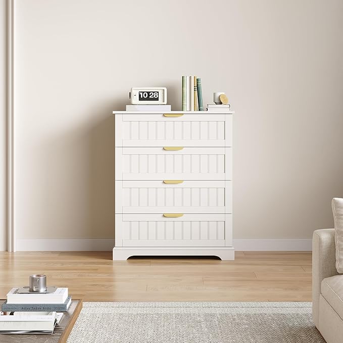 4 Wooden Drawer Dresser for Bedroom Storage, Modern Farmhouse Wood Chest of Drawers with Metal Handles, Wide Storage, Cabinet for Closet, Living Room, or Entryway White