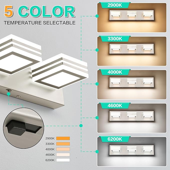 SOLFART LED Bathroom Vanity Light Fixtures： 3 Light Brushed Nickel Modern Acrylic Bathroom Wall Lighting Fixtures Over Mirror 20in 5CCT