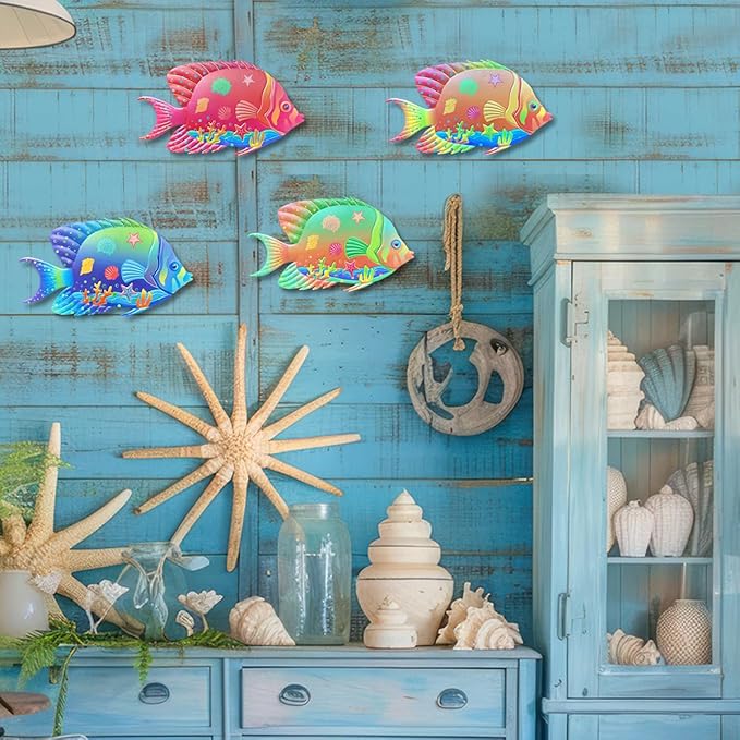 Oraytteo Metal Fish Outdoor Wall Decor, 4 Pack Sea Fish Wall Art Hanging Decorations for Indoor Outdoor Barthroom Fence Pool Patio Decor, Gift for Mom Dad Friends