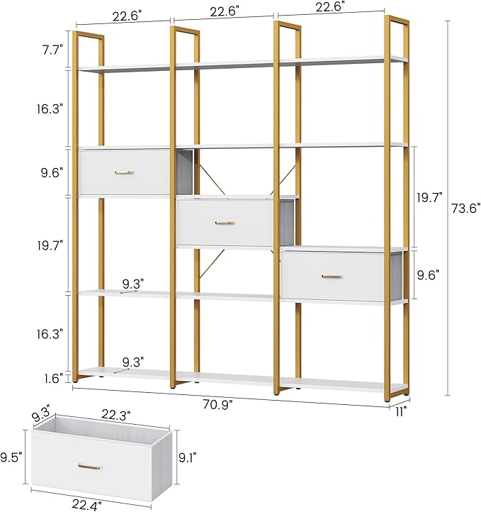 Semoic Triple Wide 6 Tiers Industrial Book Shelf with 3 Drawers and Storage Shelves, 73.6" Tall Bookcase with 16 Open Display Shelves, Large Etagere Bookshelf with Metal Frame for Home & Office, Gold