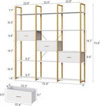 Semoic Triple Wide 6 Tiers Industrial Book Shelf with 3 Drawers and Storage Shelves, 73.6" Tall Bookcase with 16 Open Display Shelves, Large Etagere Bookshelf with Metal Frame for Home & Office, Gold