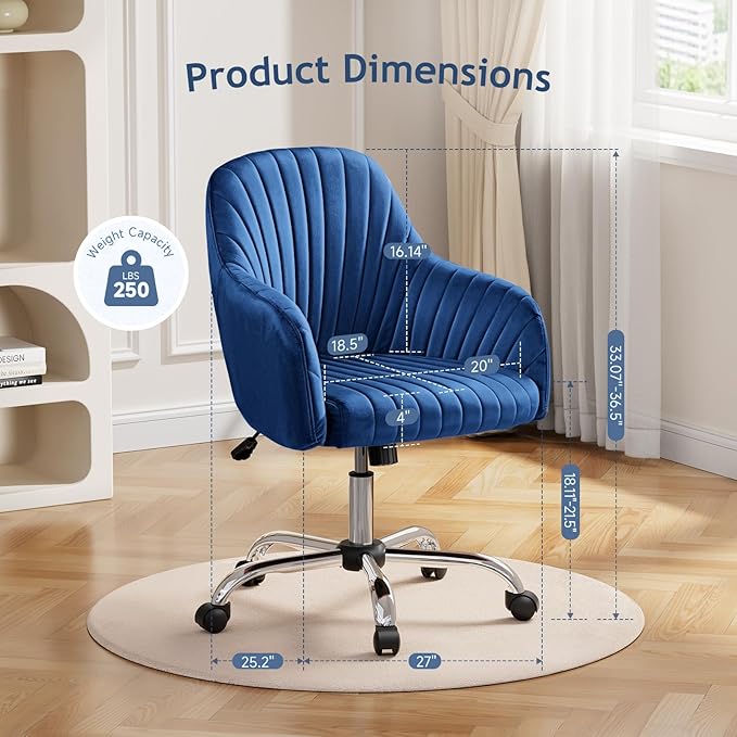 Warmiehomy Desk Chair, Velvet Office Chair for Home Office, Comfy Vanity Chair, Girl Cute Makeup Chair with Arm Rest for Bedroom Dressing Room, Dark Blue
