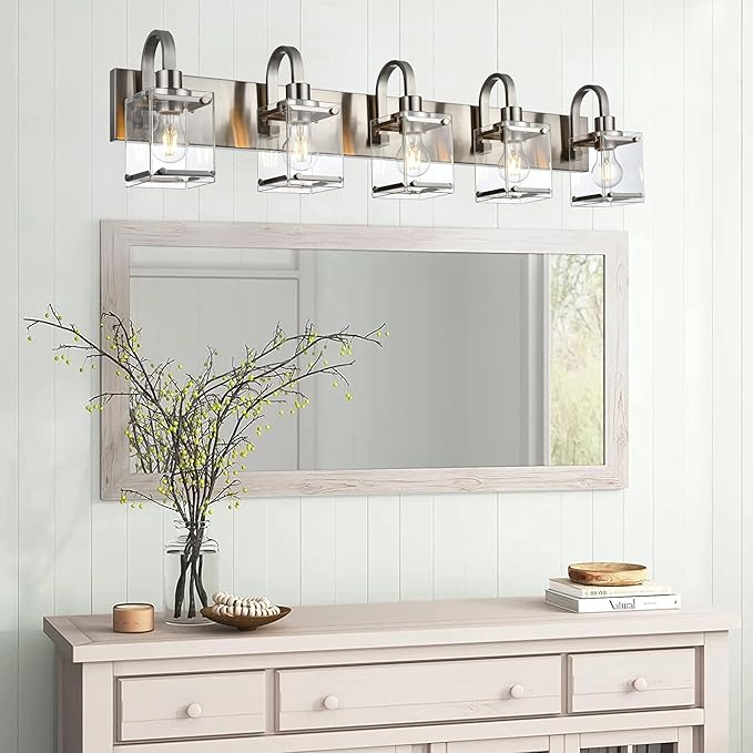 Bathroom Vanity Light 5-Light Wall Sconce Lighting Modern Wall Light with Clear Glass Shade Modern Brushed Nickel Wall Lamp Mounted Lights Over Mirror for Living Room, Bedroom, Hallway