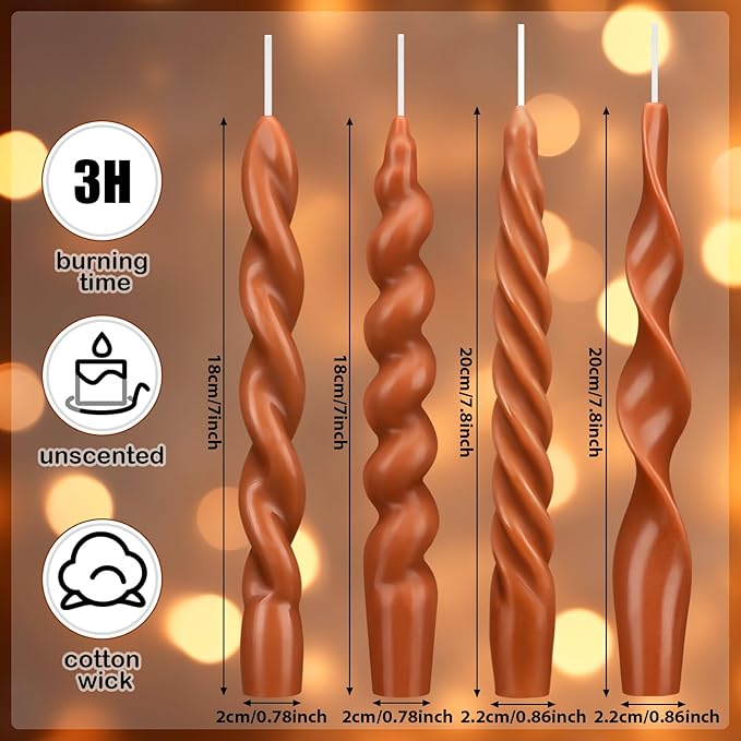 Nuanchu 4 Pcs 7.87 Inch Twisted Taper Candles Wax Unscented Smokeless Spiral Swirl Candlesticks for Wedding Holiday Dinner Party Home Decorations(Brown)