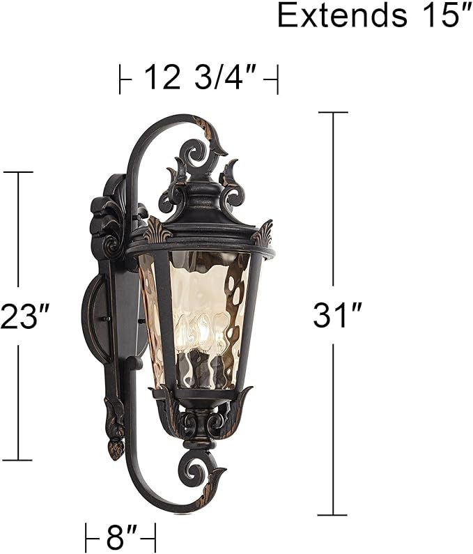John Timberland Casa Marseille Vintage Outdoor Wall Light Fixture Veranda Bronze Scroll Frame 31" Champagne Hammered Glass for Exterior House Porch Patio Outside Deck Garage Yard Front Door