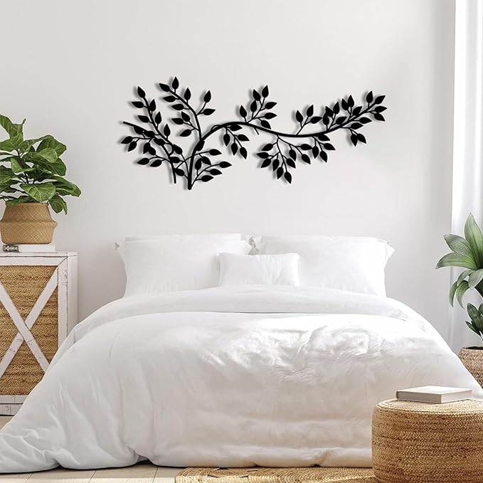 yumcake Metal Tree Leaf Wall Decor, Metal Tree Wall Art, Vine Olive Branch Leaf, Leafy Ivy, Leaves Hanging Wall Art, Branch Wall Decor for Living Room (White, 41 x 18 inches / 105 x 45 cm)