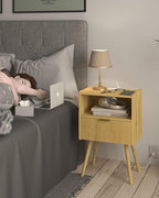 Nightstand with Outlet,Modern Bedside Table with Storage Drawer and Open Wood Shelf, for Living Room, Bedroom and Small Spaces, Accent Night Stand with Solid Wood Legs, Easy Assembly,Yellow Oak