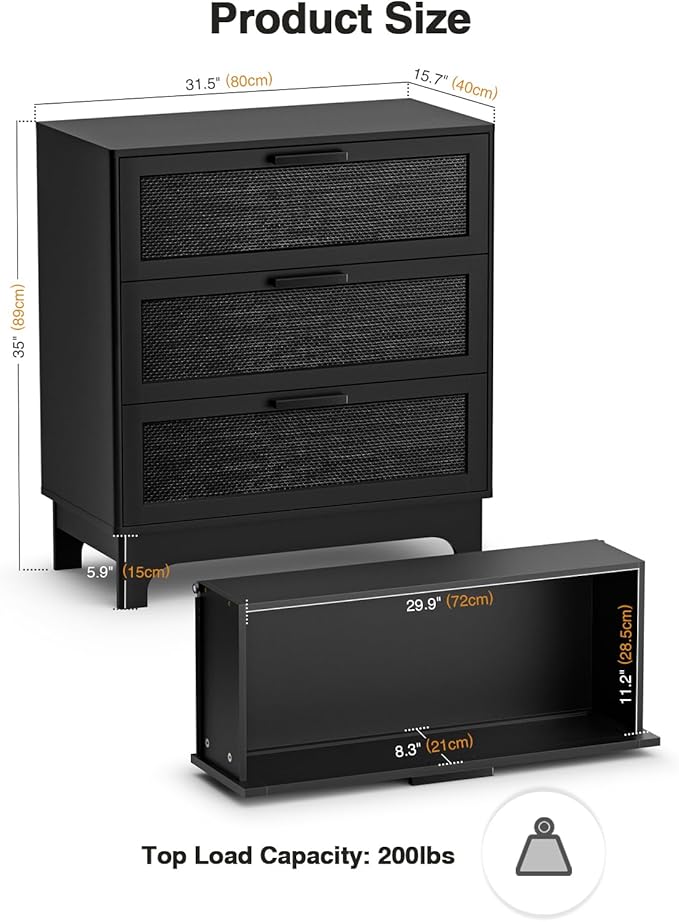 Anmytek 35" H Black Rattan Dresser, Farmhouse 3 Drawer Dresser with Natural Rattan Spacious Chest of Drawers for Living Room, Nursery, Hallway H0096