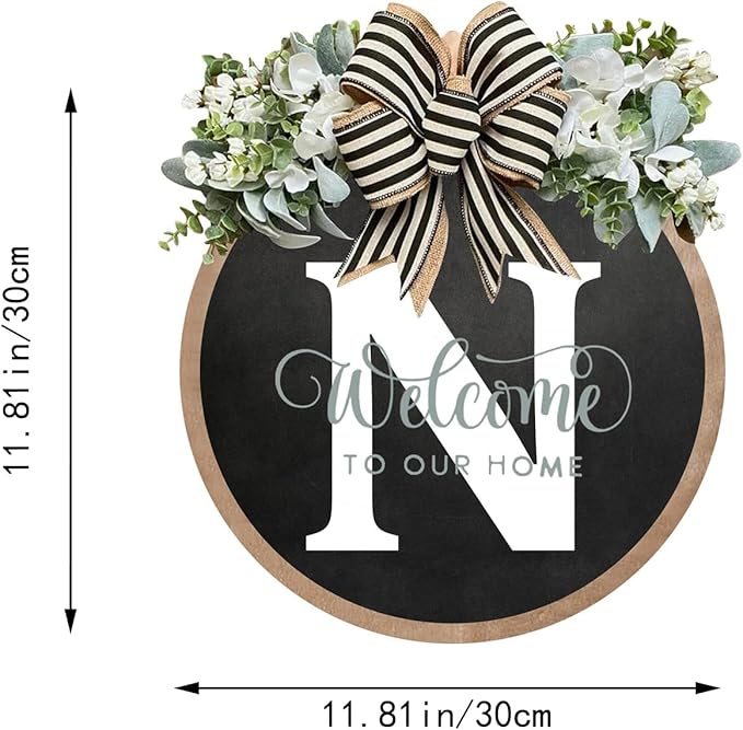 Circular Surname Front Door Welcome Sign - 26 Letter House Wreath, Front Porch Decorations, Year-Round Home Decor (N)
