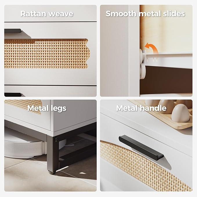Mericonia 3 Drawer Rattan Dresser for Bedroom, Wood Dresser for Closet with Metal Handles, Small Boho Nightstand Sets, Dressers & Chests of Drawers for Bedroom, Hallway and Entryway, White