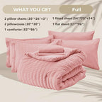 HYMOKEGE Rose Pink Full Size Comforter Sets Seersucker 7 Pieces, All Season Luxury Bed in a Bag for Bedroom, Bedding Set with Comforter, Sheets, Pillowcases & Shams