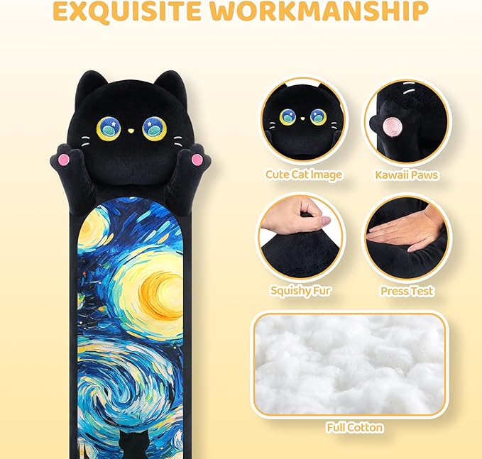 Mewaii Long Cat Plush 5 Sizes, 120% Extra Filling Giant Plushness Kids Body Pillow, Kawaii Cute Black Starry Cat Stuffed Animals Plushies, Big Long Body Pillow Cat Plush Gift for Girls 44”