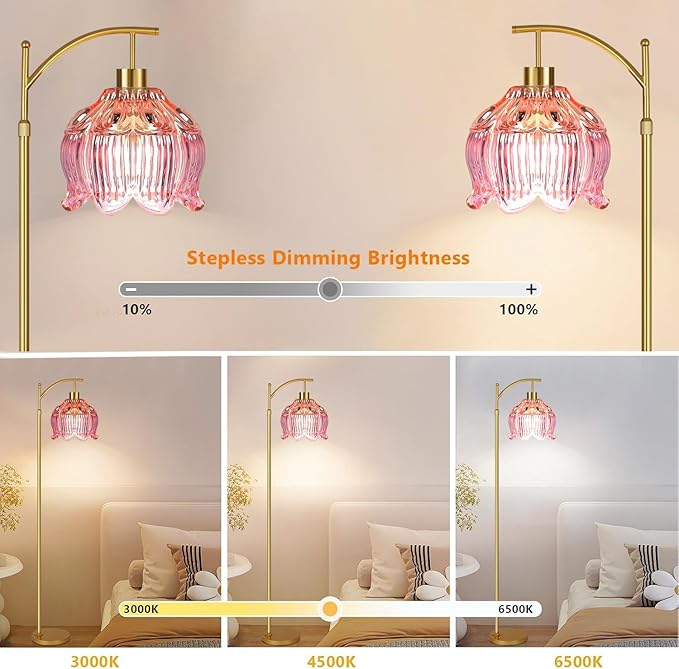 Pink Floor Lamp for Living Room,Bedroom,Glass Gold Dimmable Standing Lamp with Remote,Mid Century Modern Brass Tall Lamp Boho Floor Lamps Arc Stained Tulip Flower Floor Light Lamp Bohemian