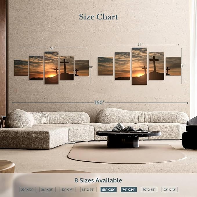 Elephant Stock Cross Silhouettes Wall Art Multi Piece Canvas - 5 Panel Christian Pictures Decor - Digital Design Canvas Print - Christian Wall Decor - 68" X 30"