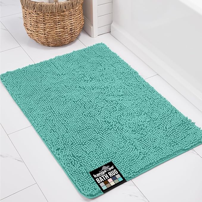 KANGAROO Bathroom Rugs, Chenille Soft Absorbent Bath Rug, Shaggy Shower Mat, Quick Dry Machine Wash Bathmat, Plush Carpet Mats for Tub, Bathtub and Room Home Decor Accessories, 30x20, Turquoise