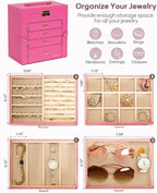 Homde Synthetic Leather Huge Jewelry Box Mirrored Watch Organizer Necklace Ring Earring Storage Lockable Gift Case (Pink + Gold)