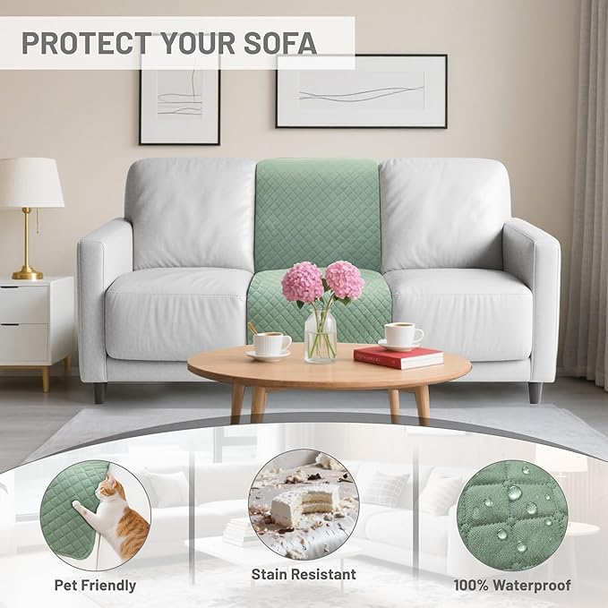 Recliner Sofa Covers 100% Waterproof Velvet L Shape Recliner Couch Covers for Dogs Pets Washable Anti Slip 1 Additional Couch Cover for Reclining Couch (Additional Seat, Sage Green)