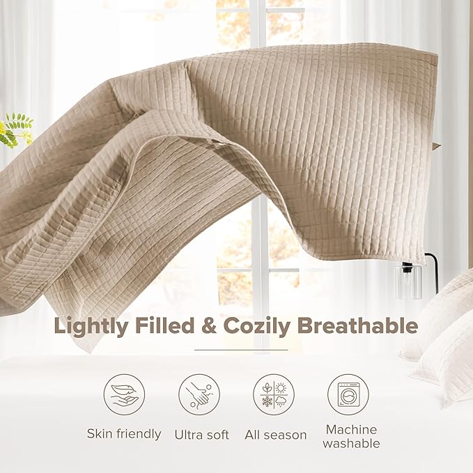 Comfort Spaces Kienna Quilt Set- Double Sided Stitching Design Summer Blanket, Lightweight, Soft, All Season Bedding Layer, Matching Sham, Taupe, Coverlet Full/Queen(90"x90") 3 Piece