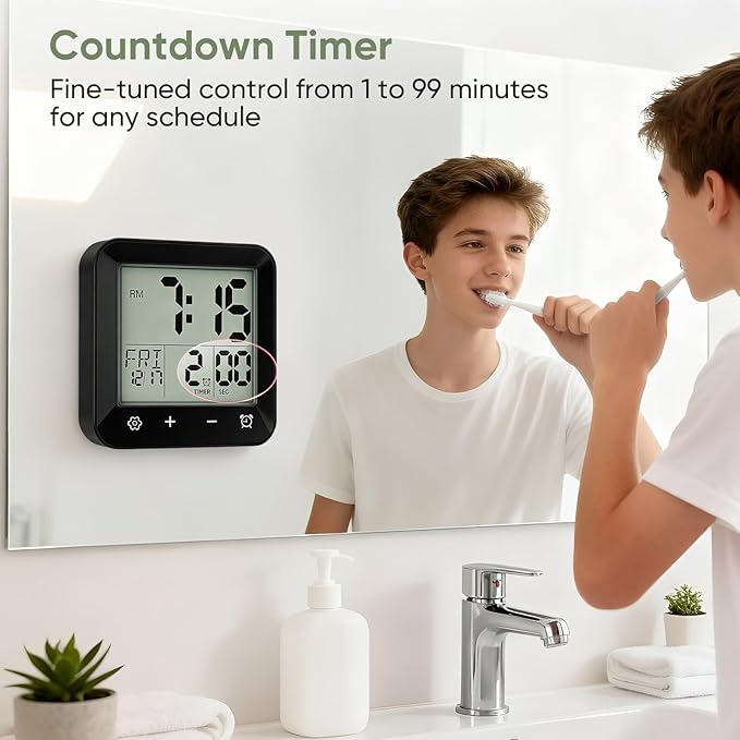 Digital Waterproof Shower Clock, Bathroom Kitchen Clock with Countdown Timer, Wall Clock with Large LCD Display, Temperature, Touch Button, Suction, Hanging Hole, Battery Operated I Black