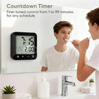 Digital Waterproof Shower Clock, Bathroom Kitchen Clock with Countdown Timer, Wall Clock with Large LCD Display, Temperature, Touch Button, Suction, Hanging Hole, Battery Operated I Black