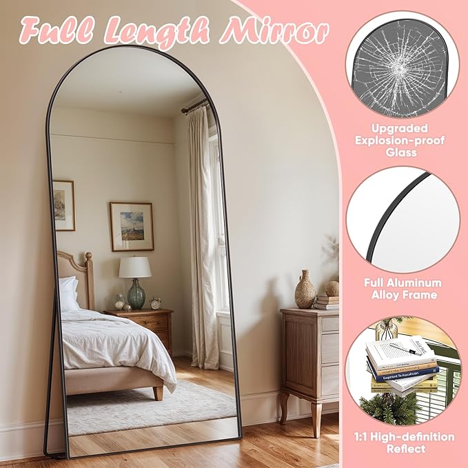 Full Length Mirror, 71" x 28" Arched Full Body Mirror Large Standing Floor Mirrors, Mirrors for Bedroom, Bathroom, Living Room Standing or Wall Leaning, Black