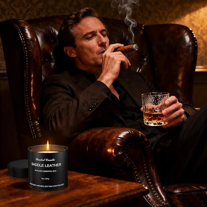 Men's Scented Candle, Saddle Leather - Luxury Masculine Aromatherapy Soy Wax Candle with 8% Essential Oils, Strong Scented Long Lasting 40 Hours, 8oz Tin, Gift Candles for Men