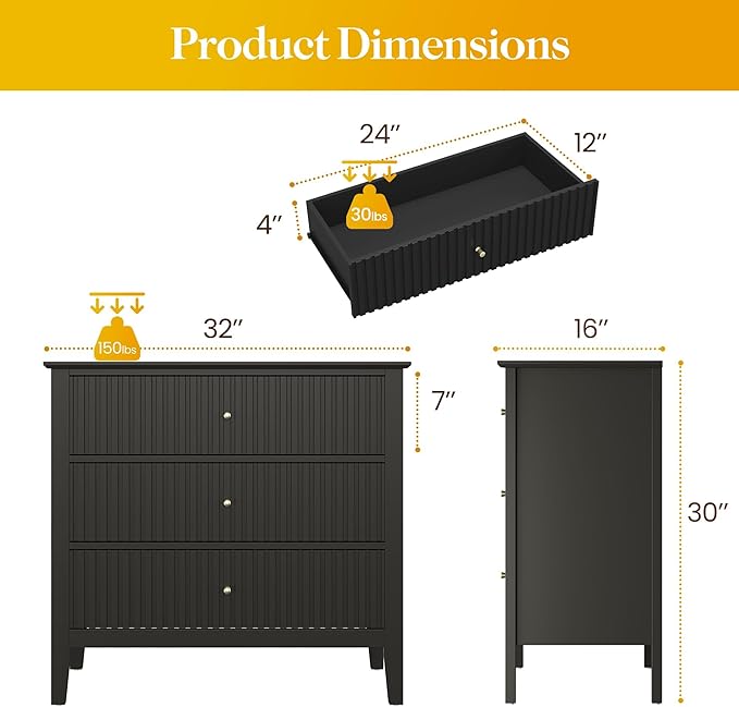 Large Black Fluted 3 Drawer Dresser Set of 2, Chest of Drawers with Ball Bearing Slide Modern 30 inch Tall Wood Nightstand with Spacious Storage for Bedroom Hallway Living Room Entryway