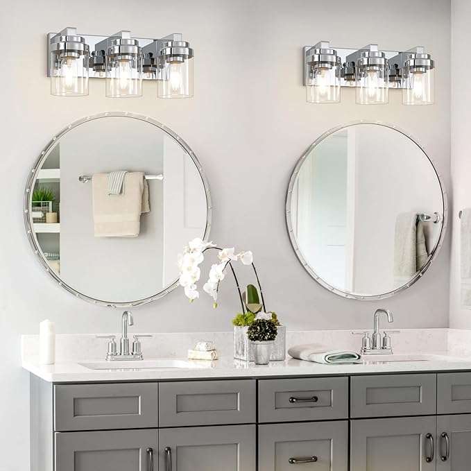 Bathroom Vanity Light, 3 Light Bathroom Light Fixtures with Clear Glass Shade, Polished Chrome Vanity Light Fixtures Over Mirror for Bedroom Living Room,E26