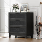 Anmytek 35" H Black Rattan Dresser, Farmhouse 3 Drawer Dresser with Natural Rattan Spacious Chest of Drawers for Living Room, Nursery, Hallway H0096