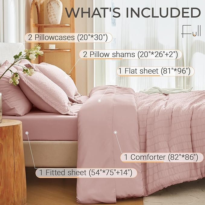 MUXHOMO 7 Pieces Full Comforter Set, Seersucker Bed in a Bag Full Size, All Season Luxury Bedding Set with Comforter, Flat Sheet, Fitted Sheet, Pillowcases & Shams, Rose Gold
