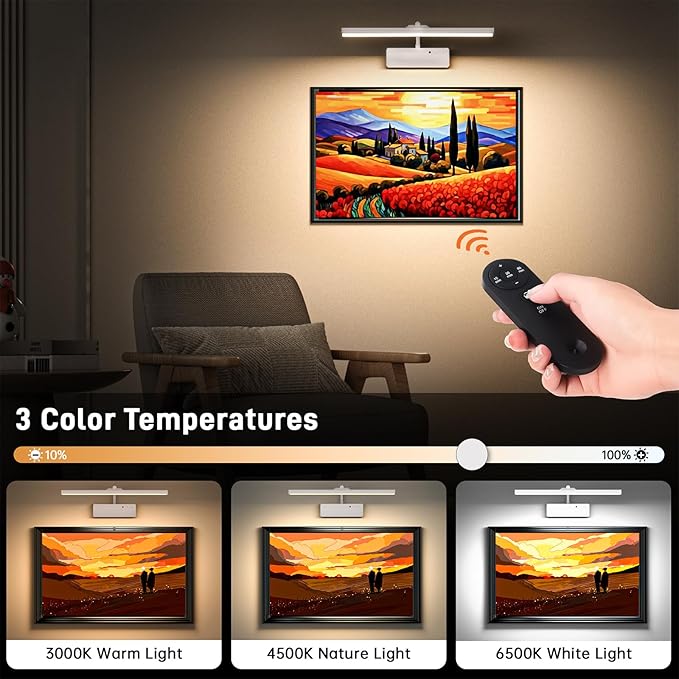Picture Light, 15.35inch Wireless Picture Lights for Wall Rechargeable, Battery Lights for Pictures on Wall, 3 Color Art Lighting for Paintings with Timer and Dimmable Artwork Display (White-2PCS)