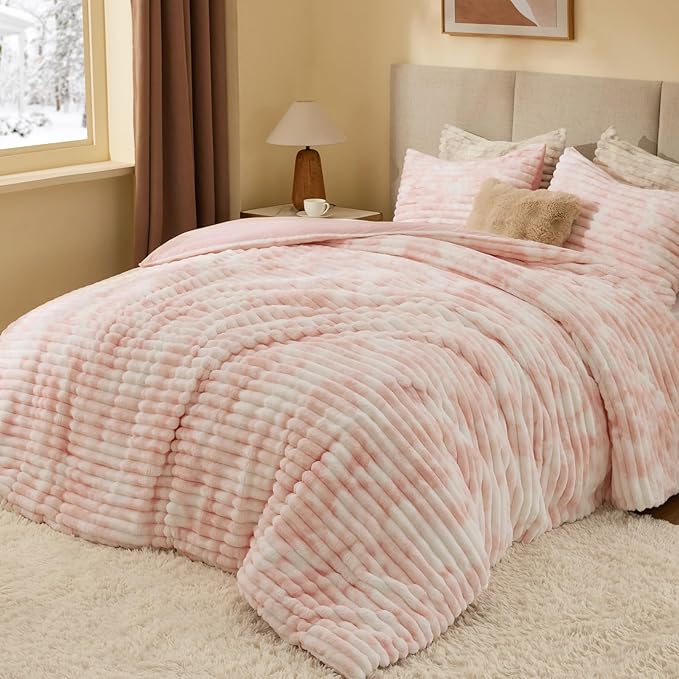 BEDELITE Fleece Queen Comforter Set -Super Soft & Warm Fluffy Pink&White Bedding, Luxury Fuzzy Heavy Bed Set for Winter with 2 Pillow Cases