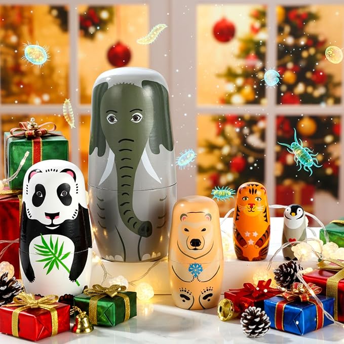 Gejoy Russian Nesting Dolls for Kids Handmade Matryoshka Wooden Stacking Toys Nesting Dolls Collectible Gifts for Winter Christmas Holiday Present Boys Girls Adults Home Decor(Elephant Animal)