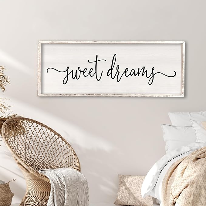 Surfapans Sweet Dreams Wall Decor Above Bed 32"x12" ofr Master Bedroom Guest Room Wood Rustic Framed Wall Art Sign (White)