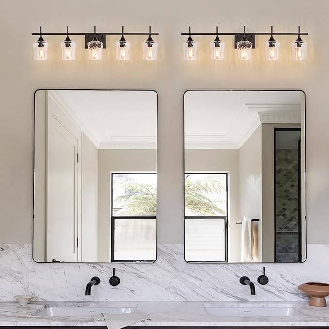 Modern Glass Vanity Light Fixture,5 Light Industrail Black Metal Vanity Light for Bathroom Bedroom Living Room